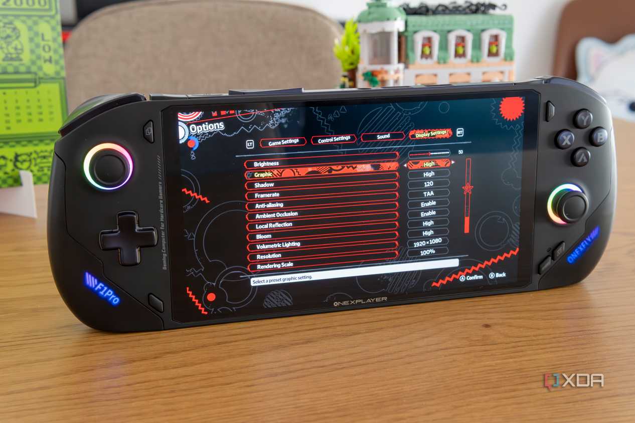 Angled front view of the OneXFly F1 Pro showing graphics settings for Shadow Generations