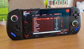 Angled front view of the OneXFly F1 Pro showing graphics settings for Shadow Generations