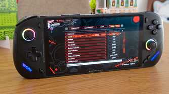 Angled front view of the OneXFly F1 Pro showing graphics settings for Shadow Generations