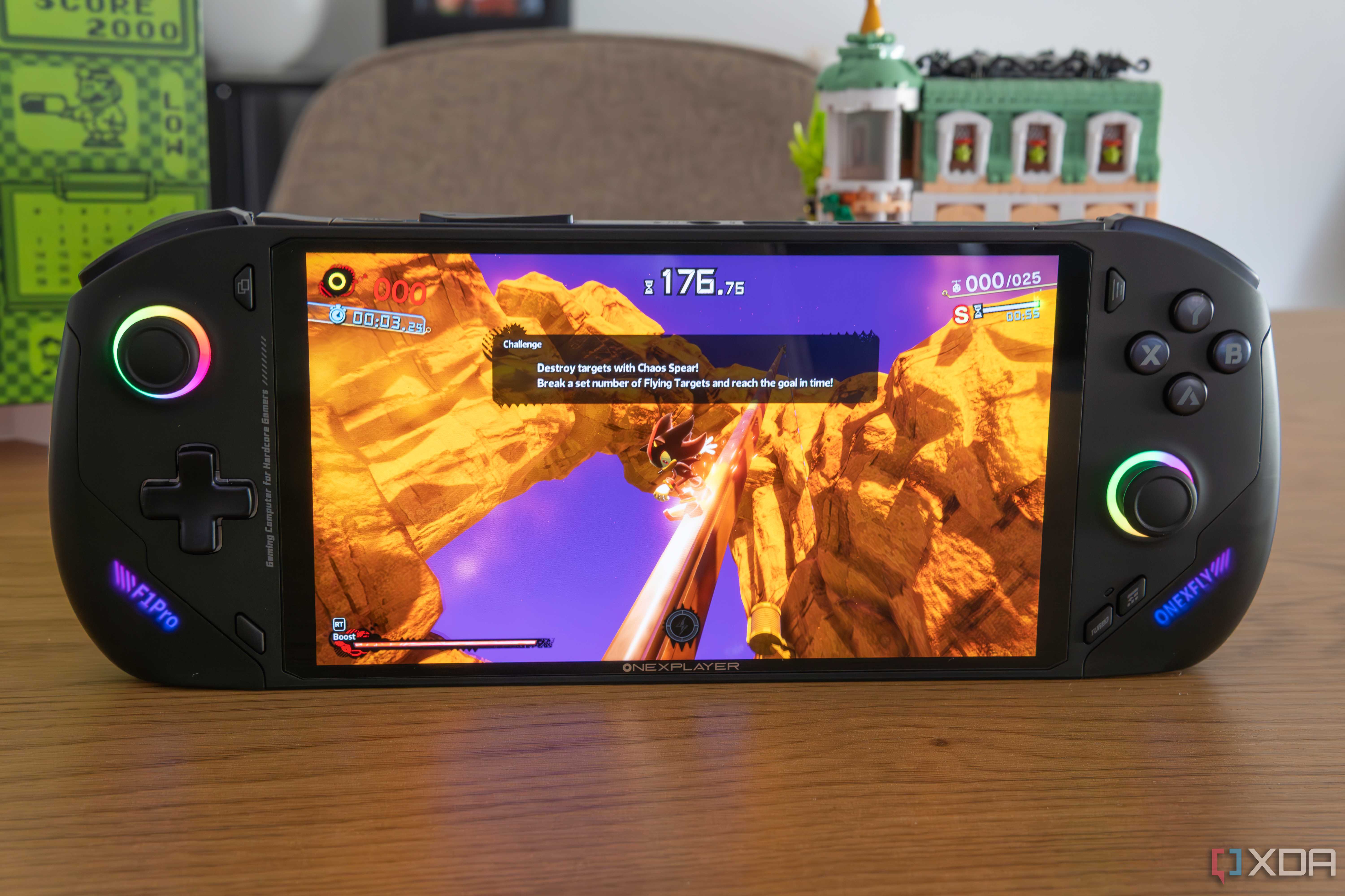 Angled front view of the OneXFly F1 Pro running Shadow Generations