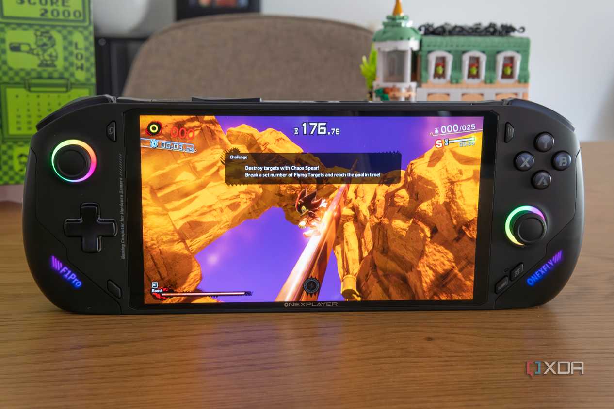 Angled front view of the OneXFly F1 Pro running Shadow Generations