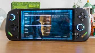 Angled front view of the OneXFly F1 Pro showing graphics settings for Hellblade Senua's Sacrifice