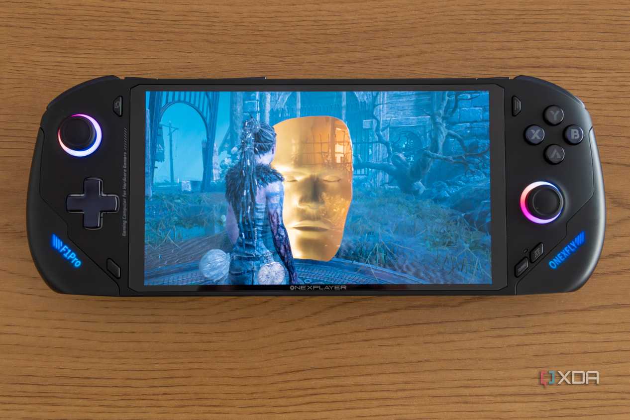 Angled front view of the OneXFly F1 Pro running Hellblade Senua's Sacrifice