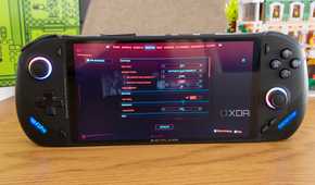 Angled front view of the OneXFly F1 Pro showing graphics settings for Cyberpunk 2077