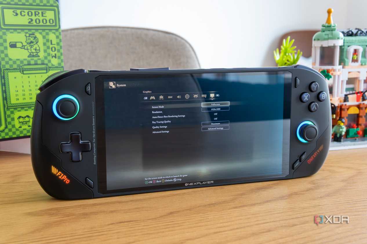 Angled front view of the OneXFly F1 Pro showing graphics settings for Elden Ring