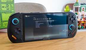 Angled front view of the OneXFly F1 Pro showing graphics settings for Elden Ring