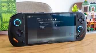 Angled front view of the OneXFly F1 Pro showing graphics settings for Elden Ring