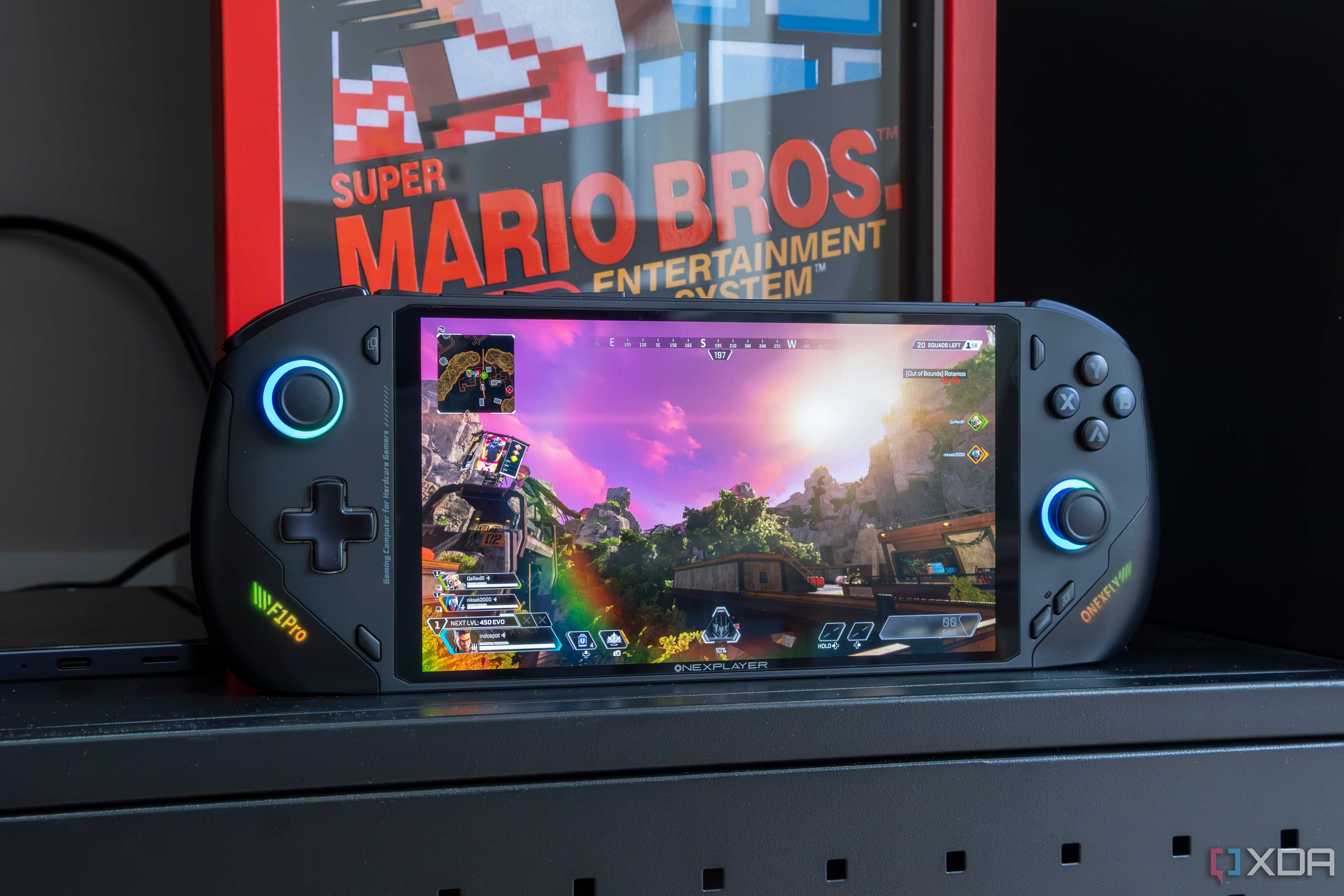 Angled front view of the OneXFly F1 Pro running Apex Legends