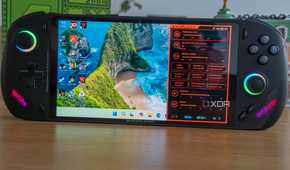 Front view of the OneXFly F1 Pro showing the Windows 11 desktop with the OneXConsole overlay