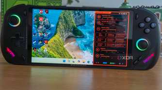 Front view of the OneXFly F1 Pro showing the Windows 11 desktop with the OneXConsole overlay