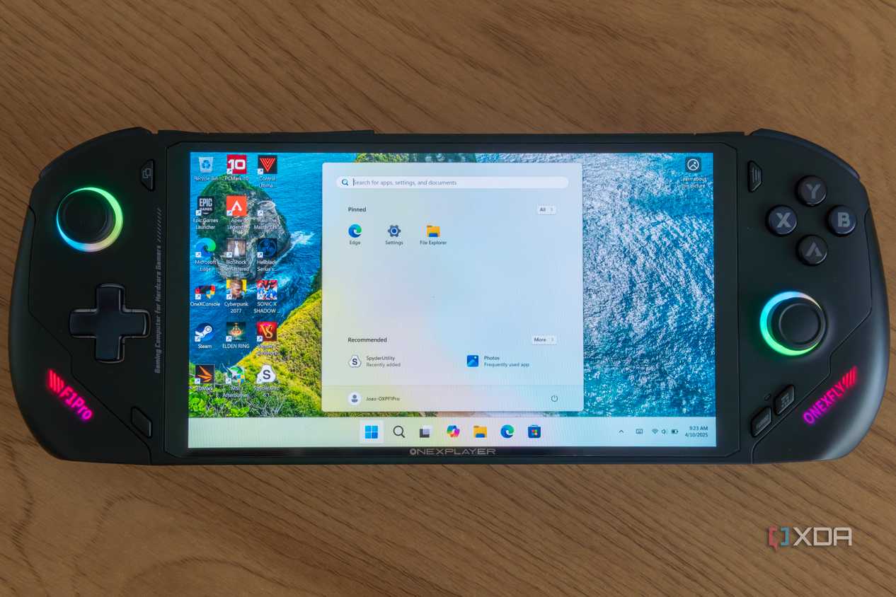 Front view of the OneXFly F1 Pro showing the Windows 11 Start menu