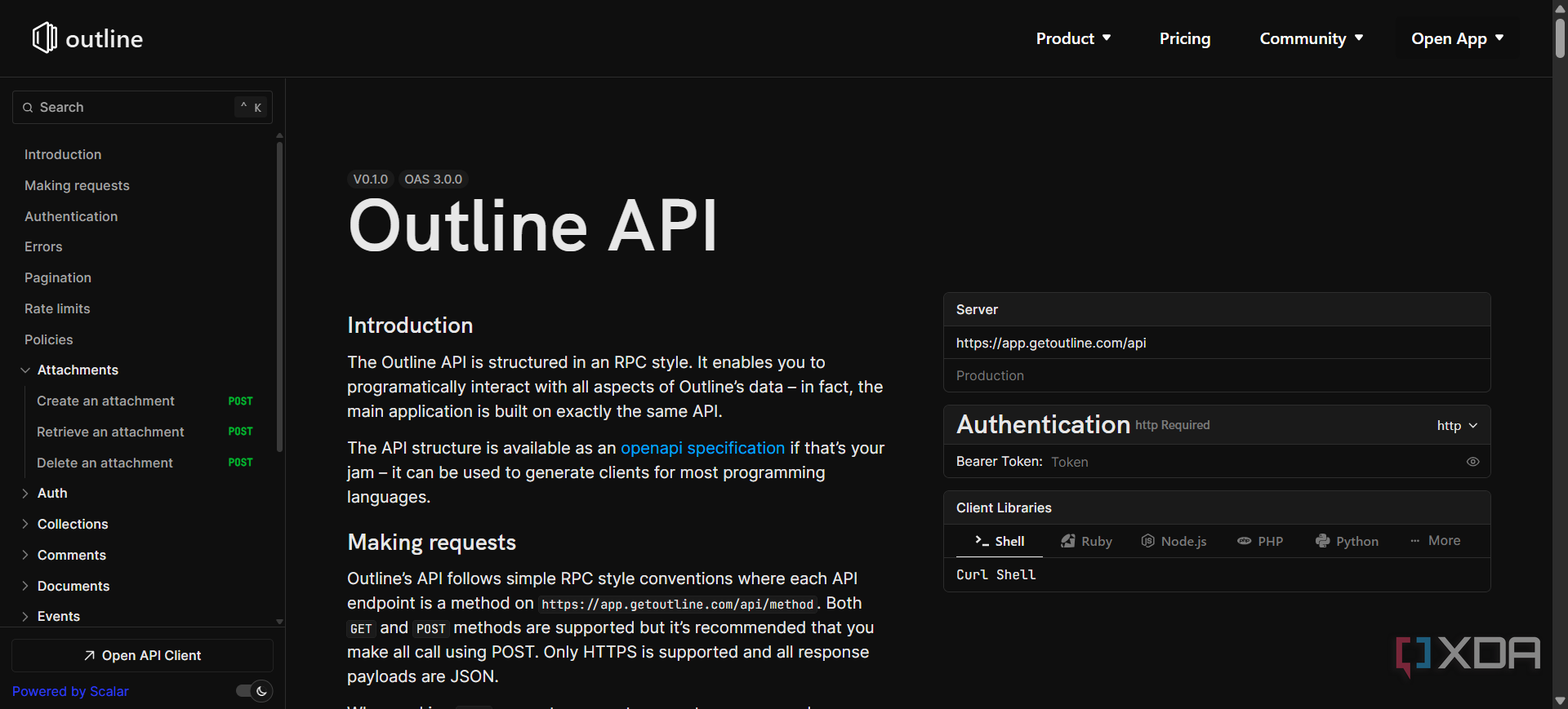 Screenshot of the API documentation for Outline