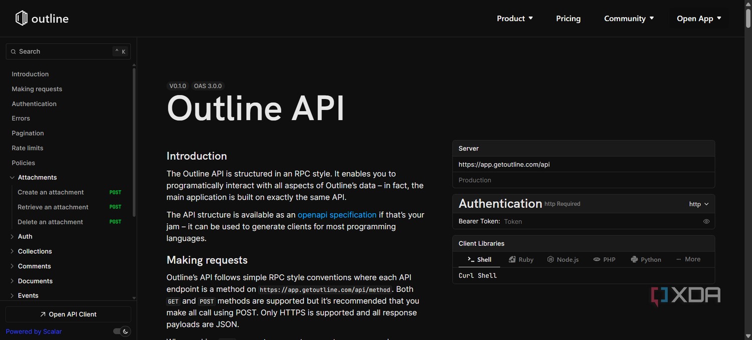 Screenshot of the API documentation for Outline