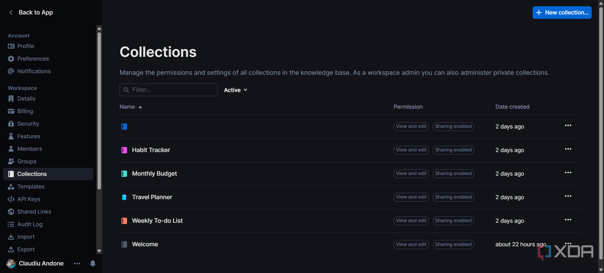 Caption of Outline Collections settings page