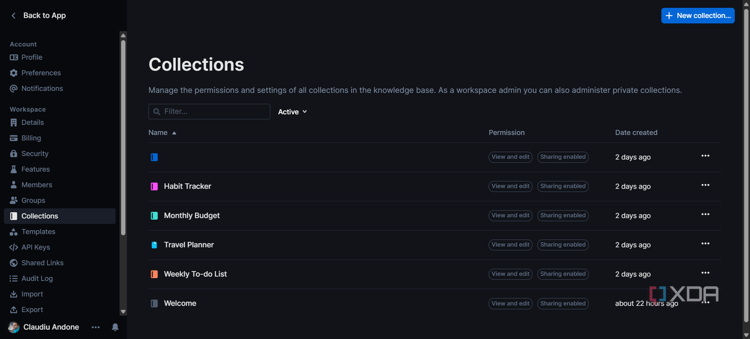 Caption of Outline Collections settings page