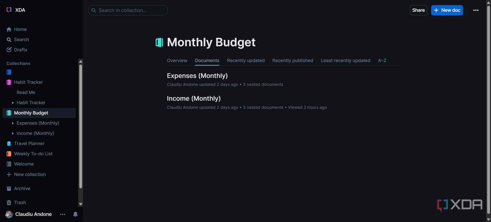 Screenshot of Outline interface 