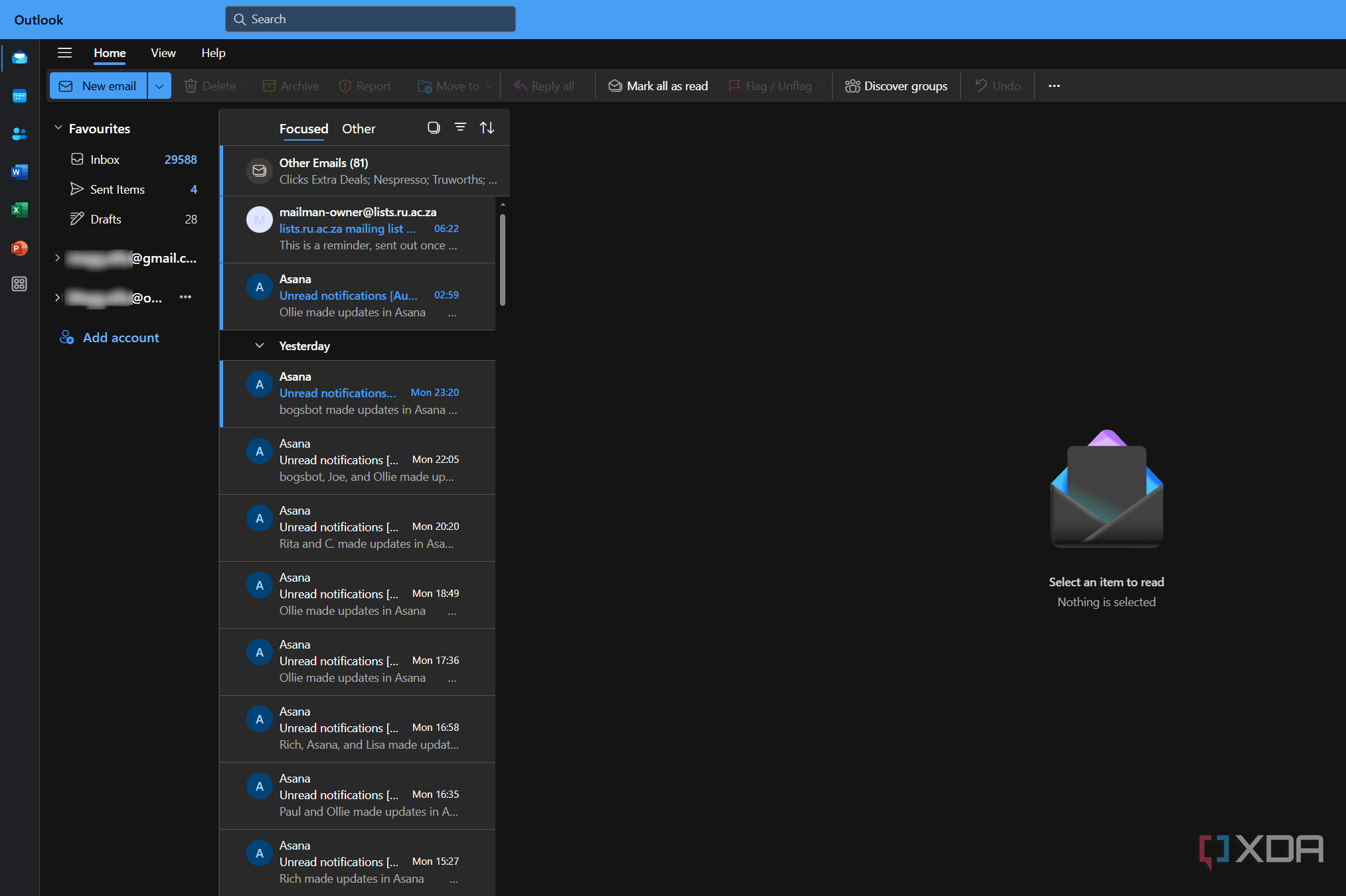 an outlook inbox with multiple accounts