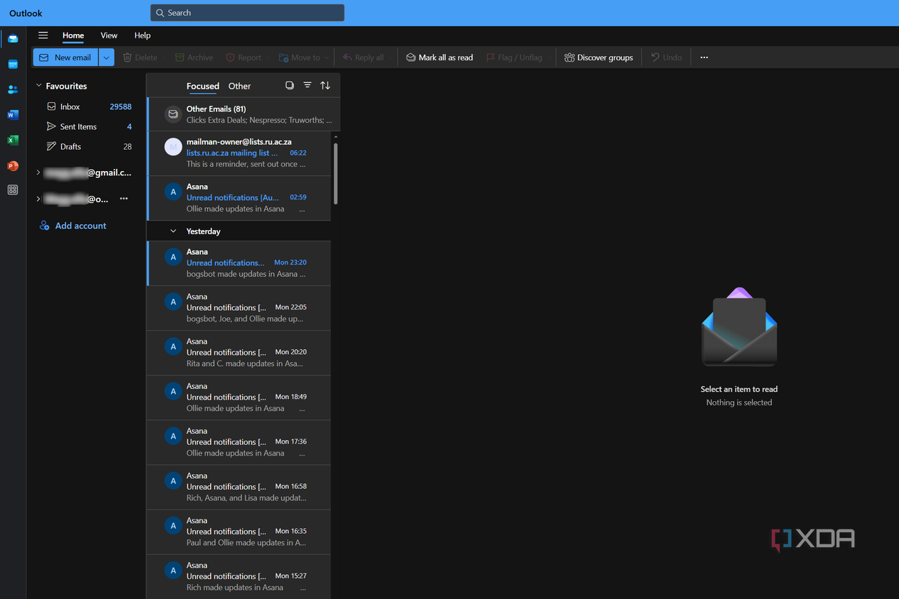 an outlook inbox with multiple accounts