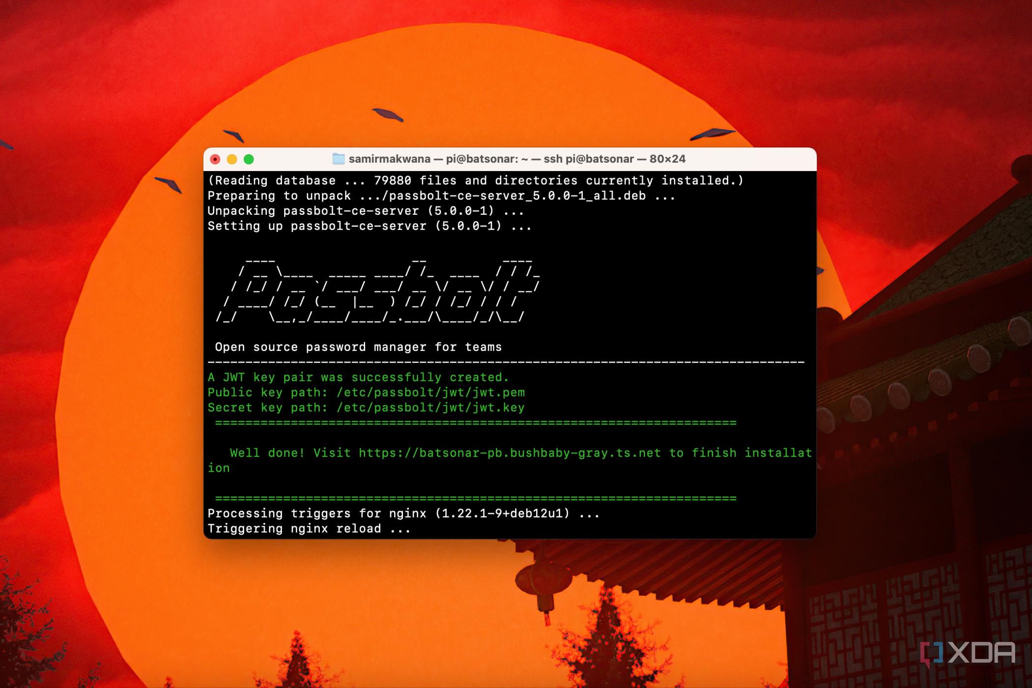 A screenshot of terminal showing Passbolt Installation success message