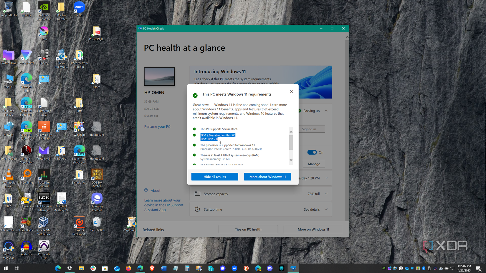 Muestra PC Health Check ejecutándose en Windows 10