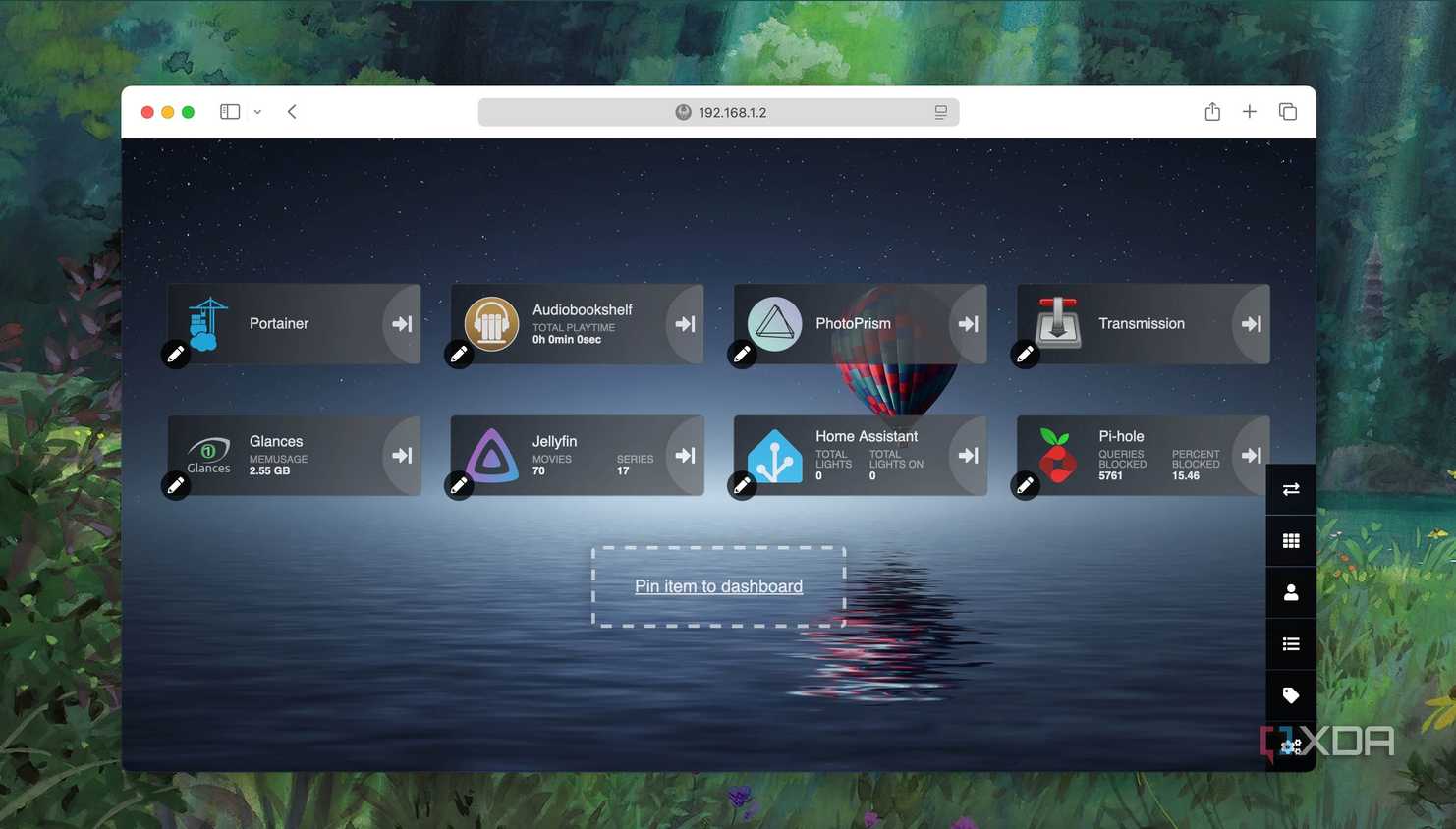 A screenshot of pinning apps on the Heimdall Dashboard