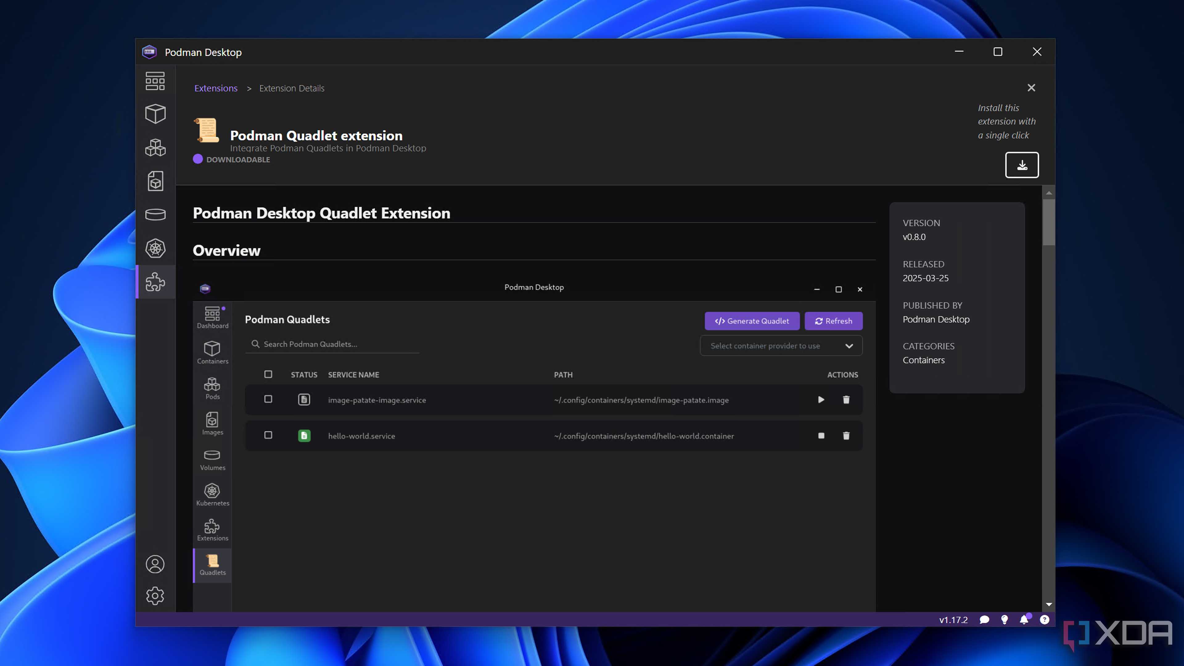 Installing the Quadlet extension in Podman Desktop