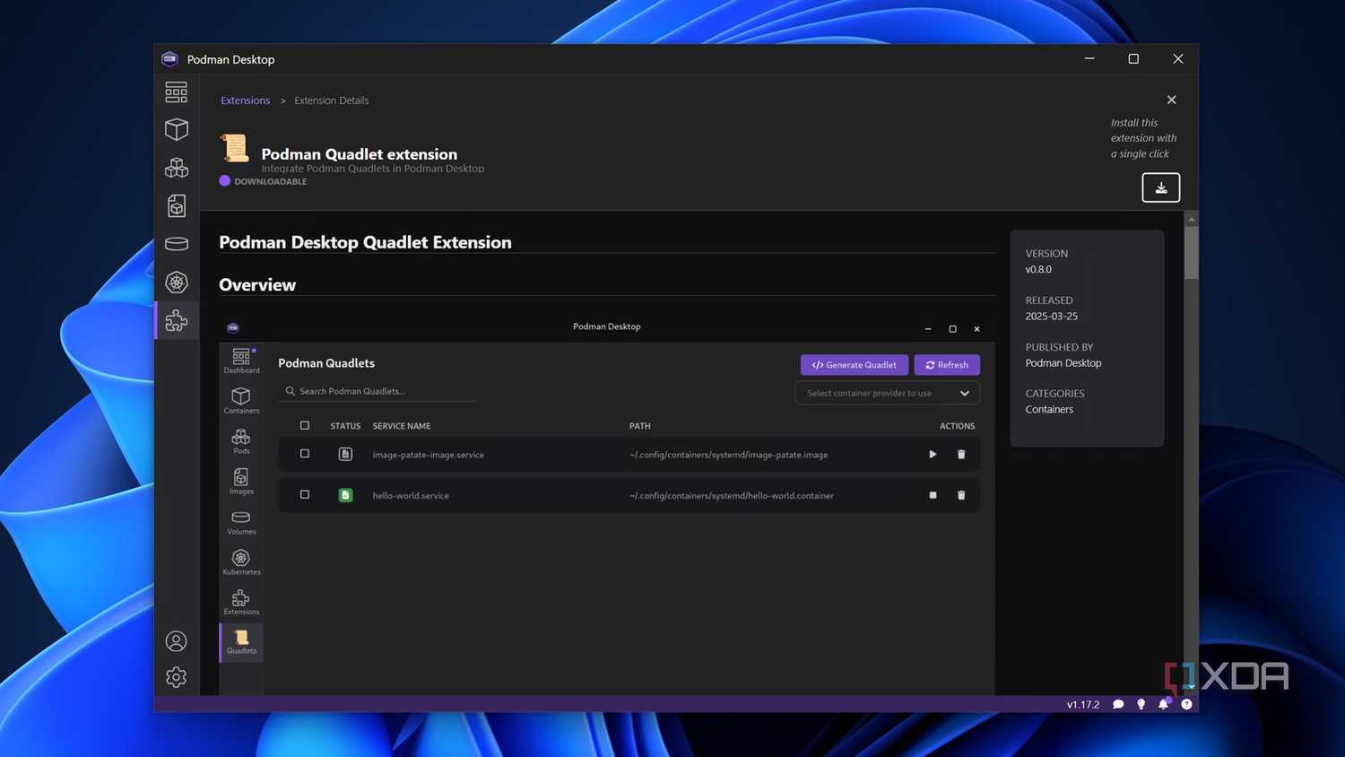 Installing the Quadlet extension in Podman Desktop