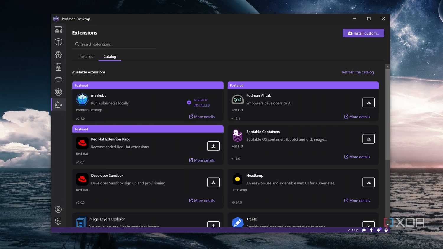 The extension page in Podman Desktop