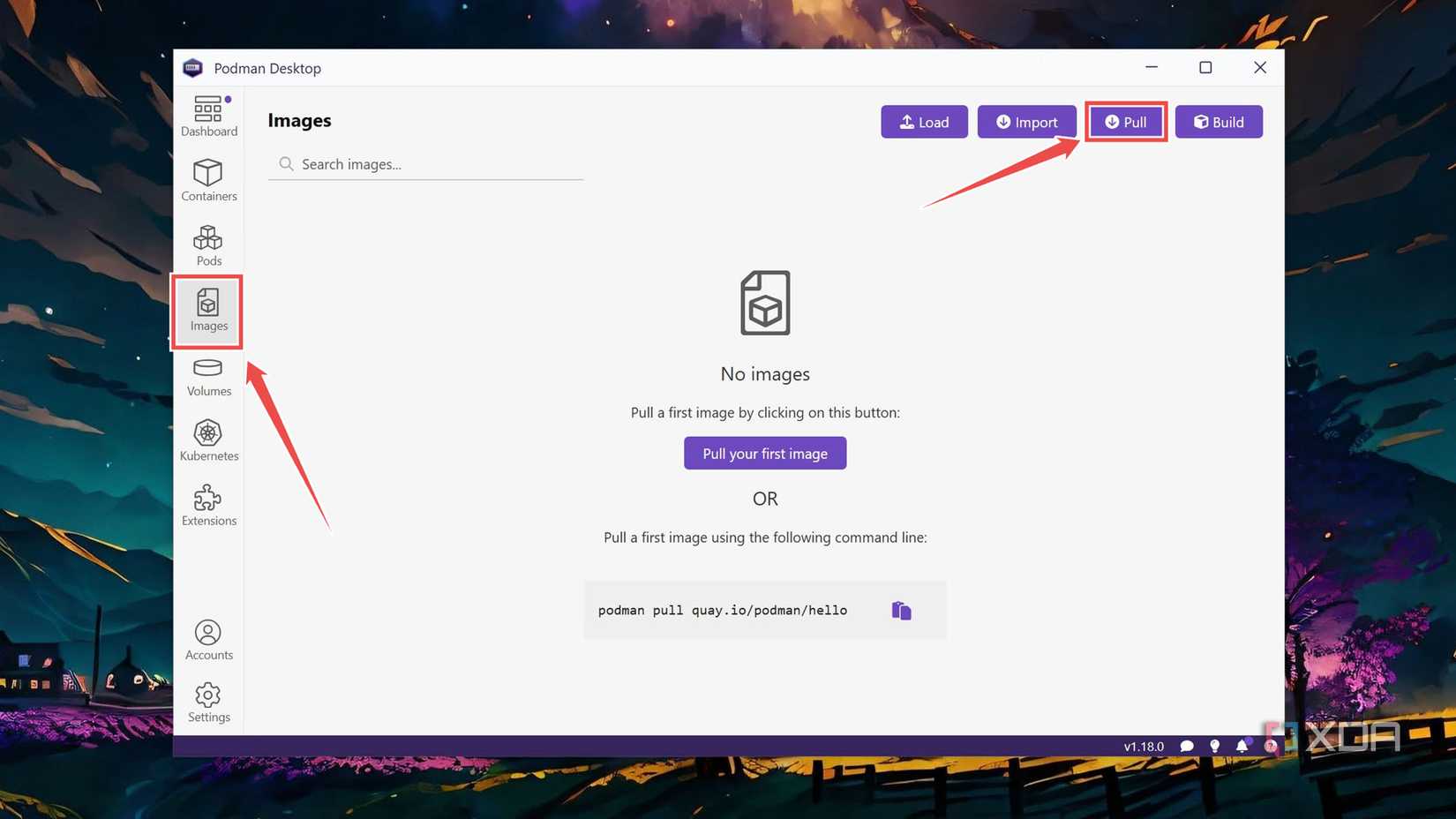 Selecting the Image tab in Podman Desktop