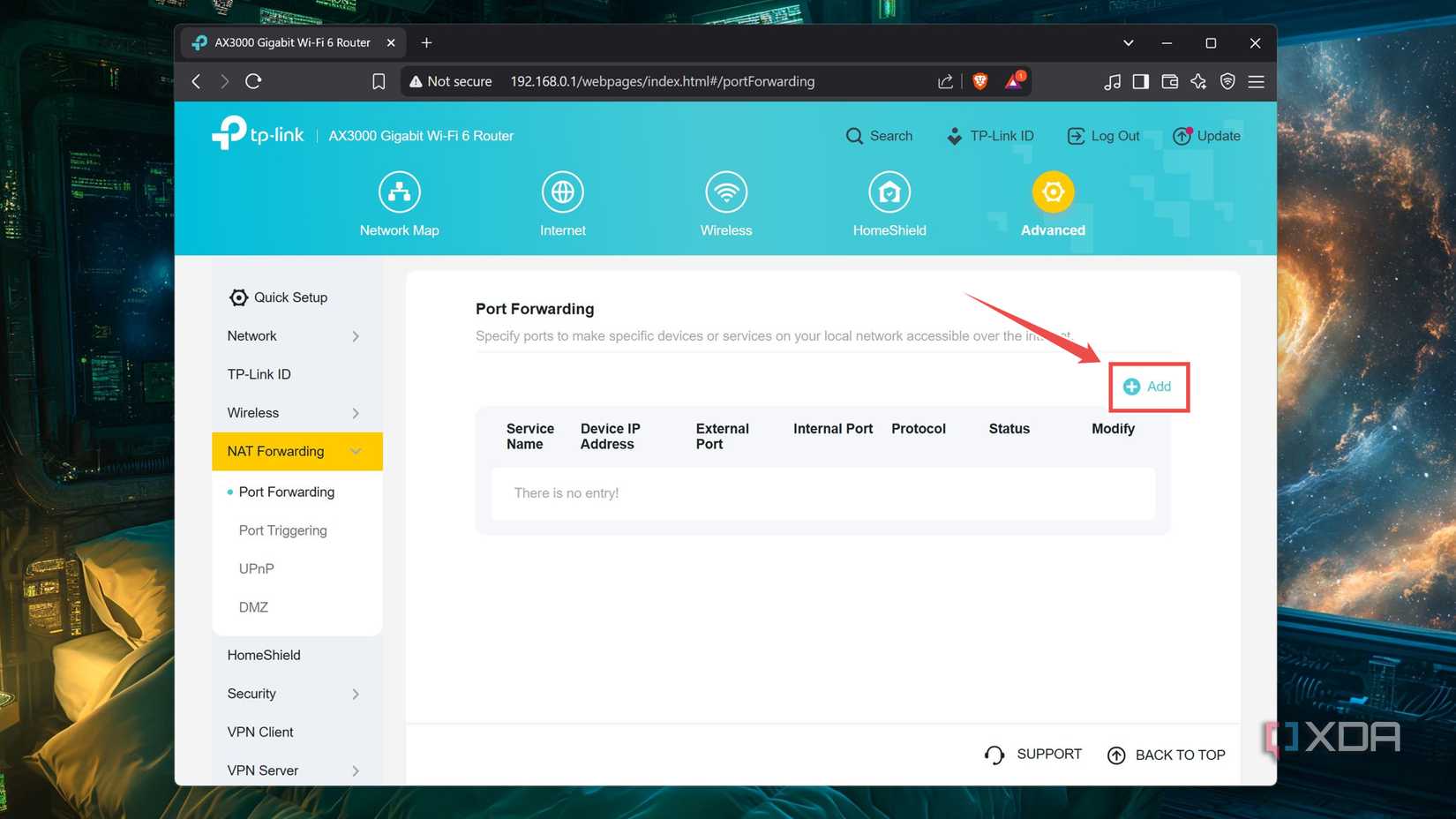 Clicking the Add button inside the TP Link configuration page