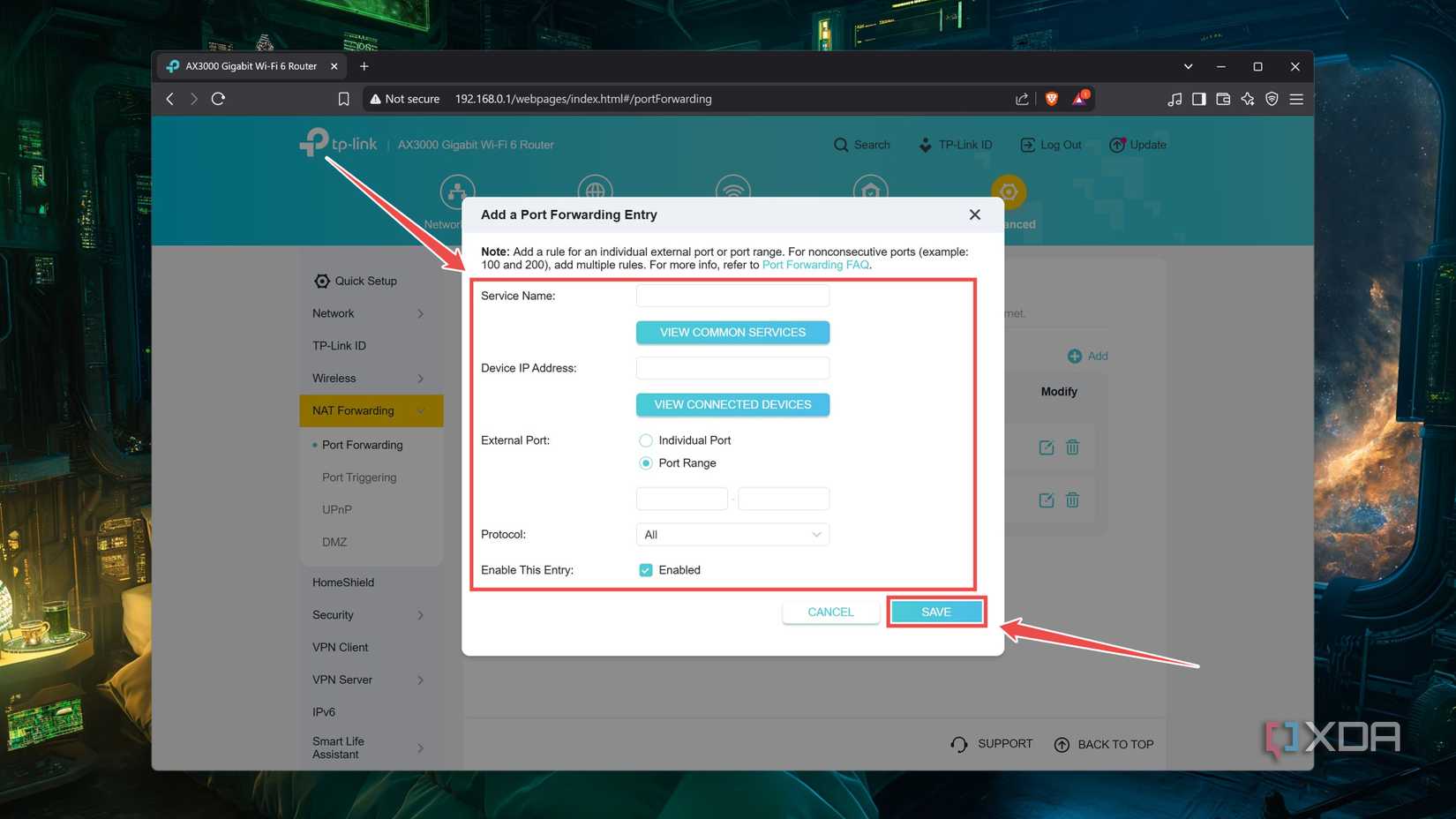Adding a port forwarding entry inside the TP Link configuration page