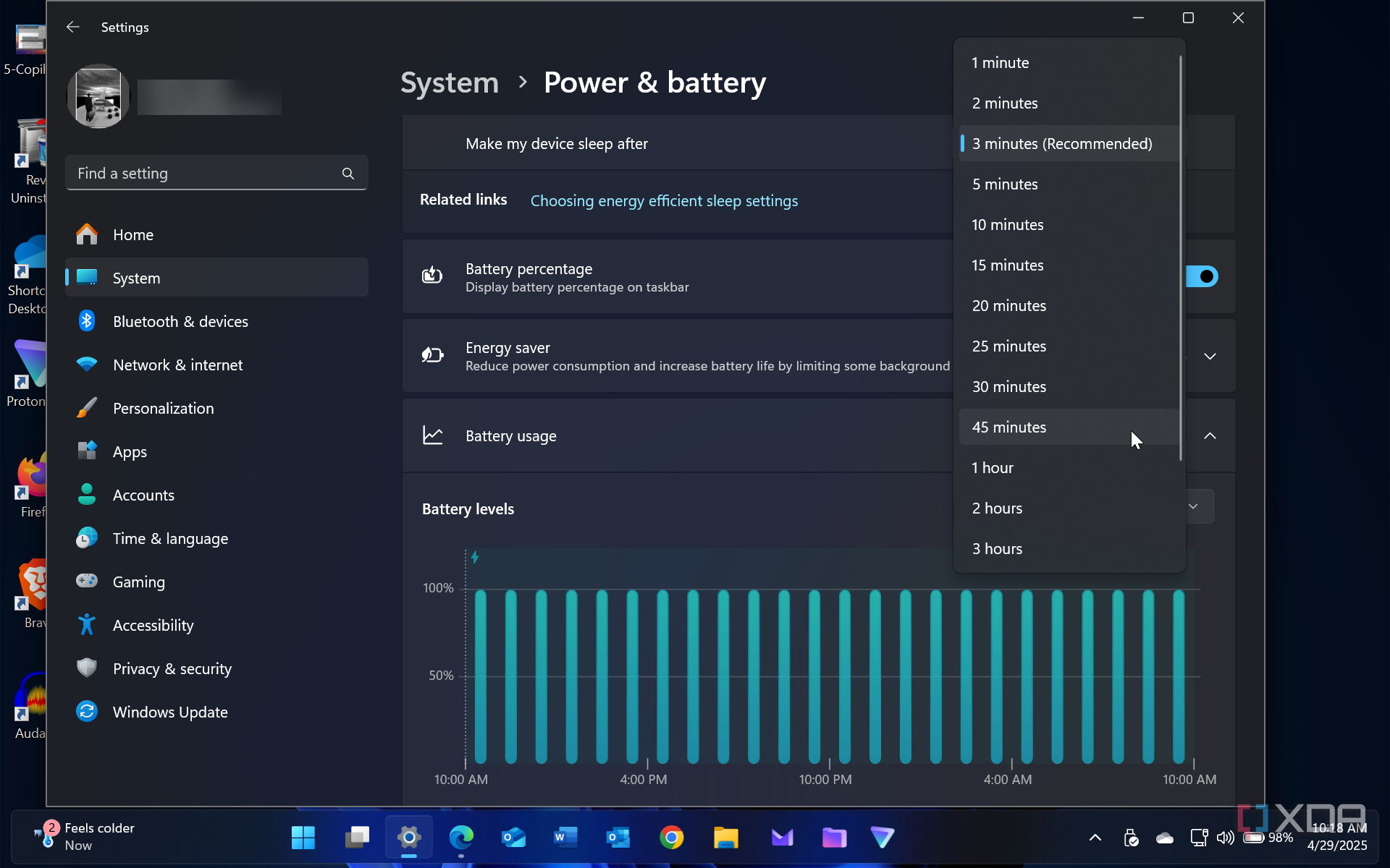 Screenshot of Power and battery settings