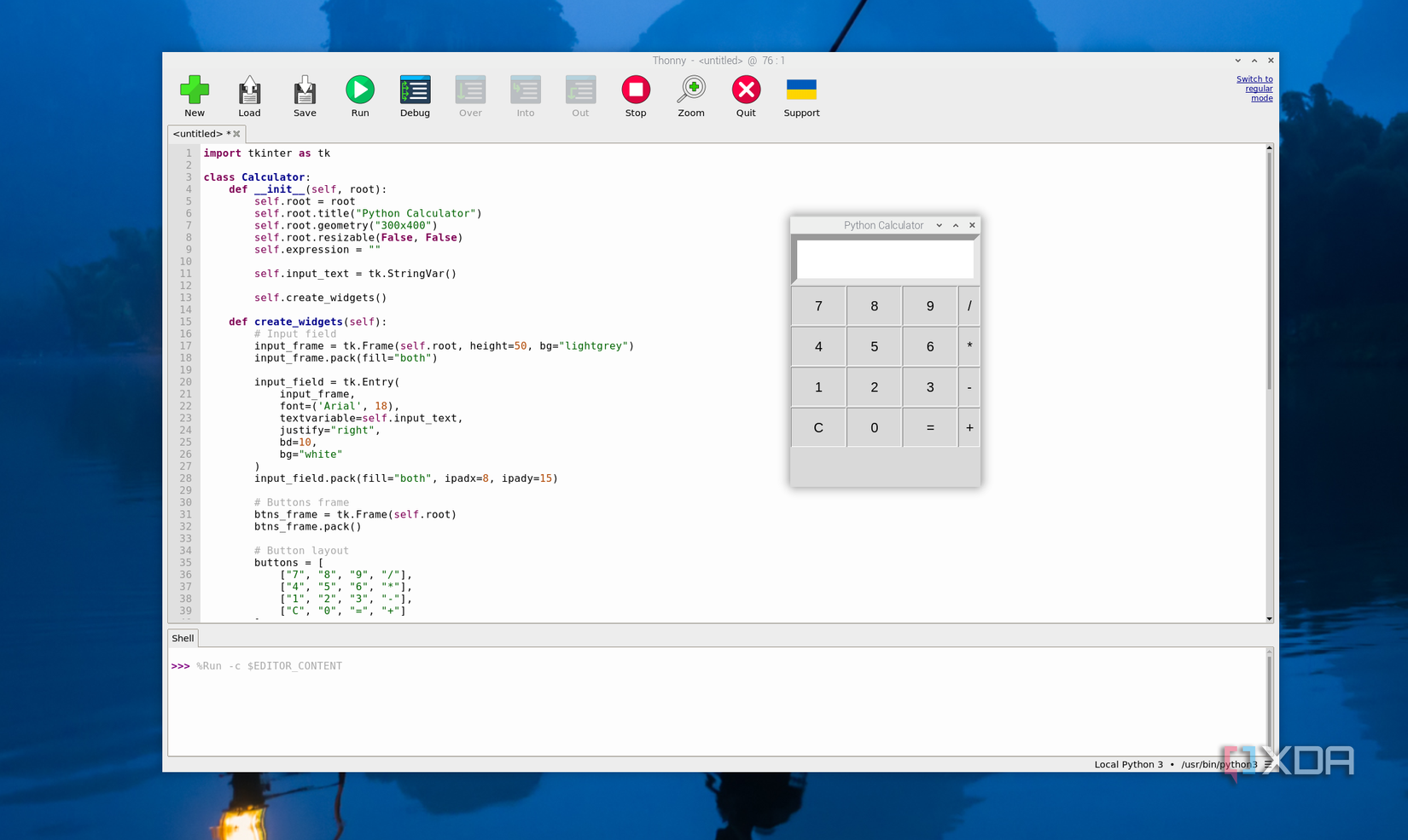 A calculator being programmed in Thonny
