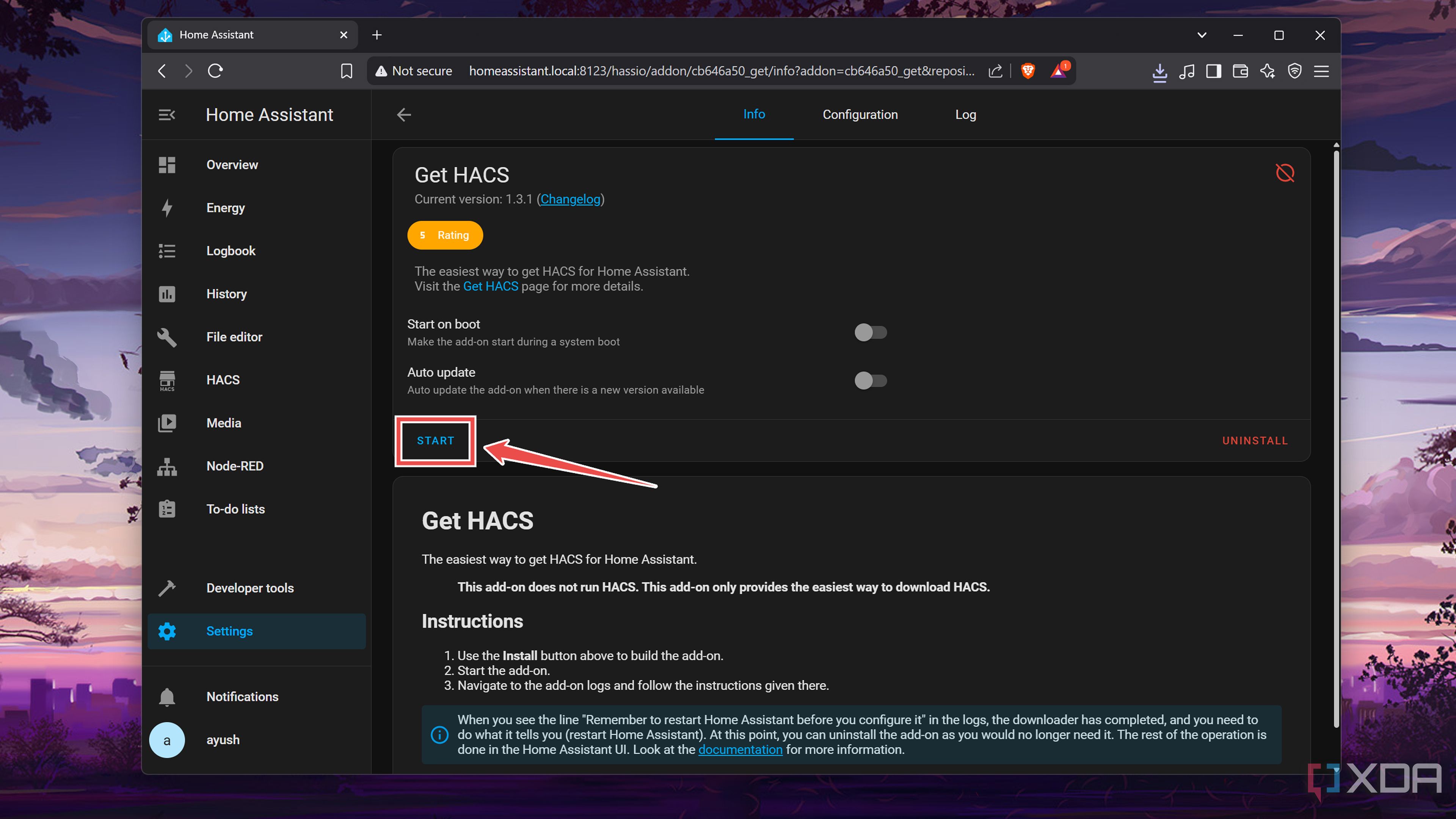 Starting the Get HACS add-on