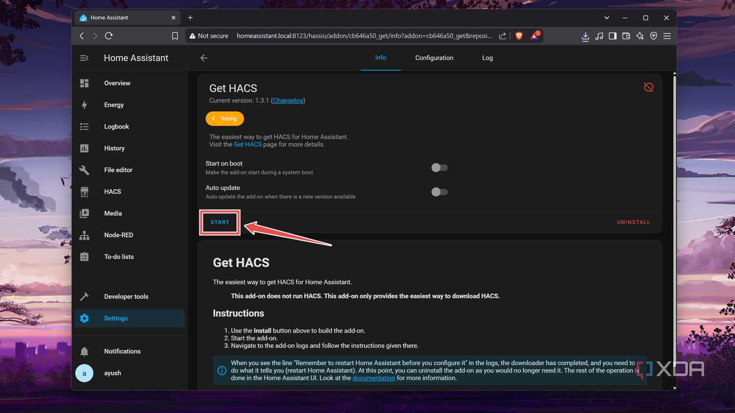Starting the Get HACS add-on