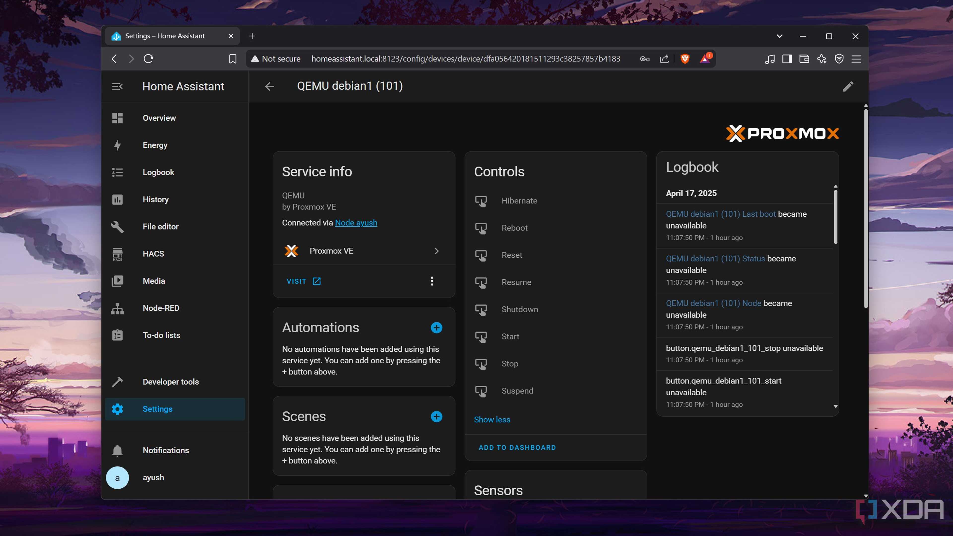 The Proxmox VM controls in HASS