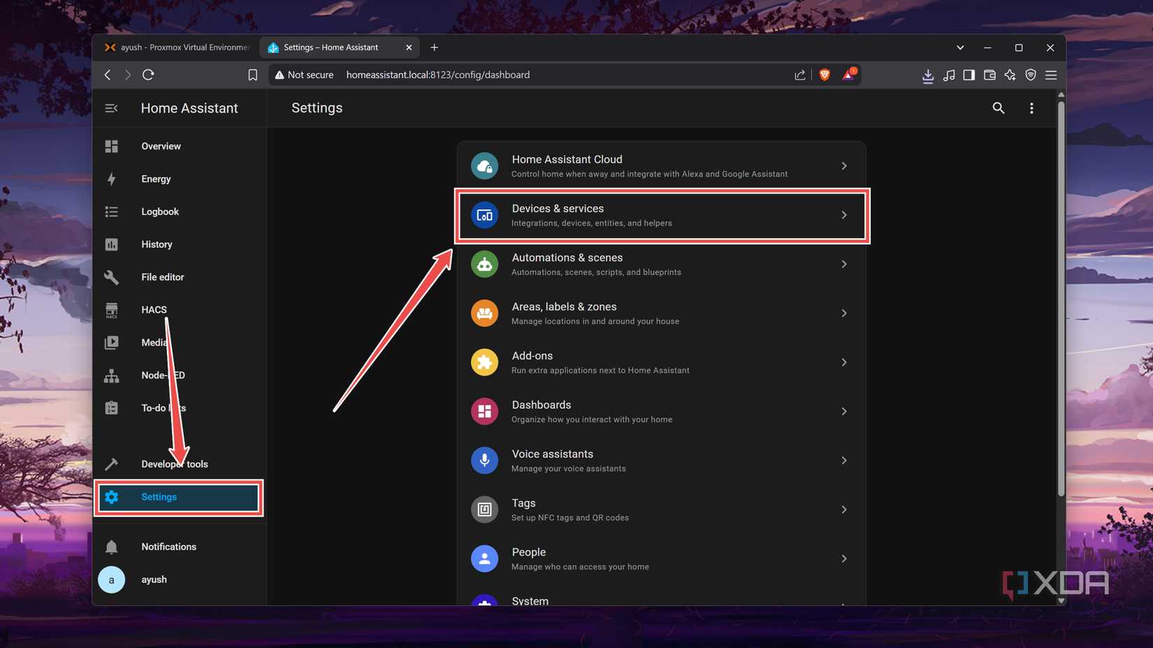 Selecting the Devices & services header