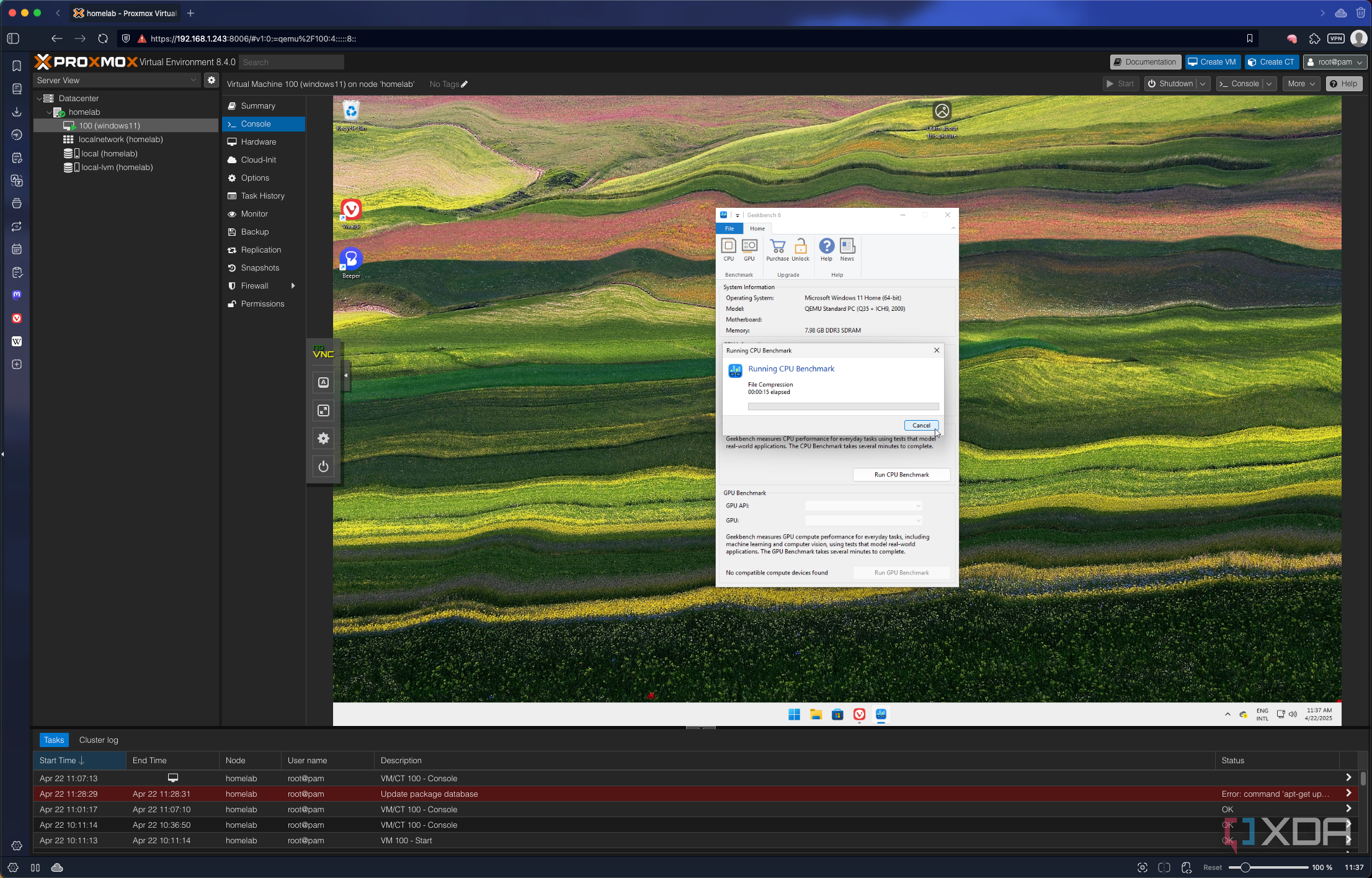 Screenshot of Proxmox running a Windows 11 VM with Geekbench running