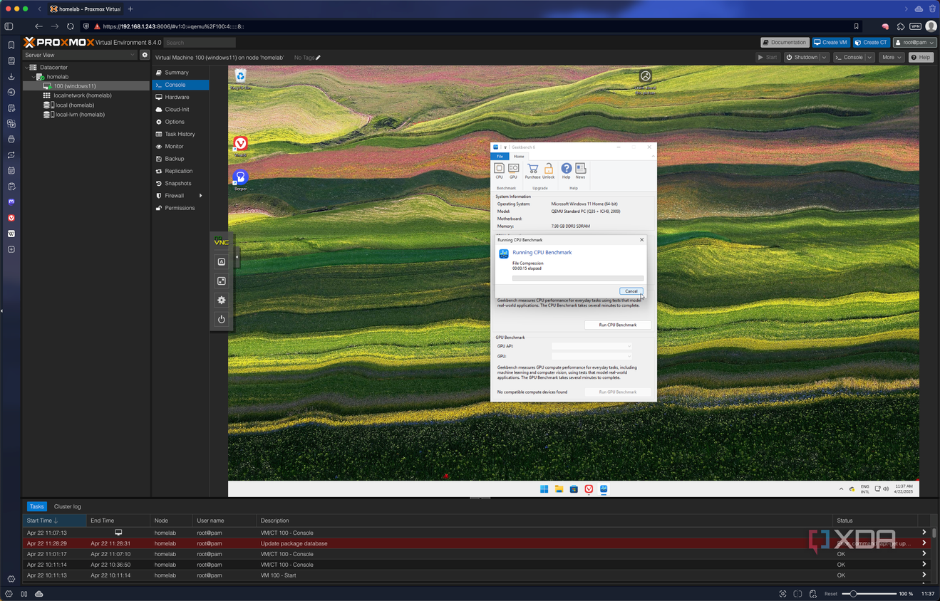 Screenshot of Proxmox running a Windows 11 VM with Geekbench running
