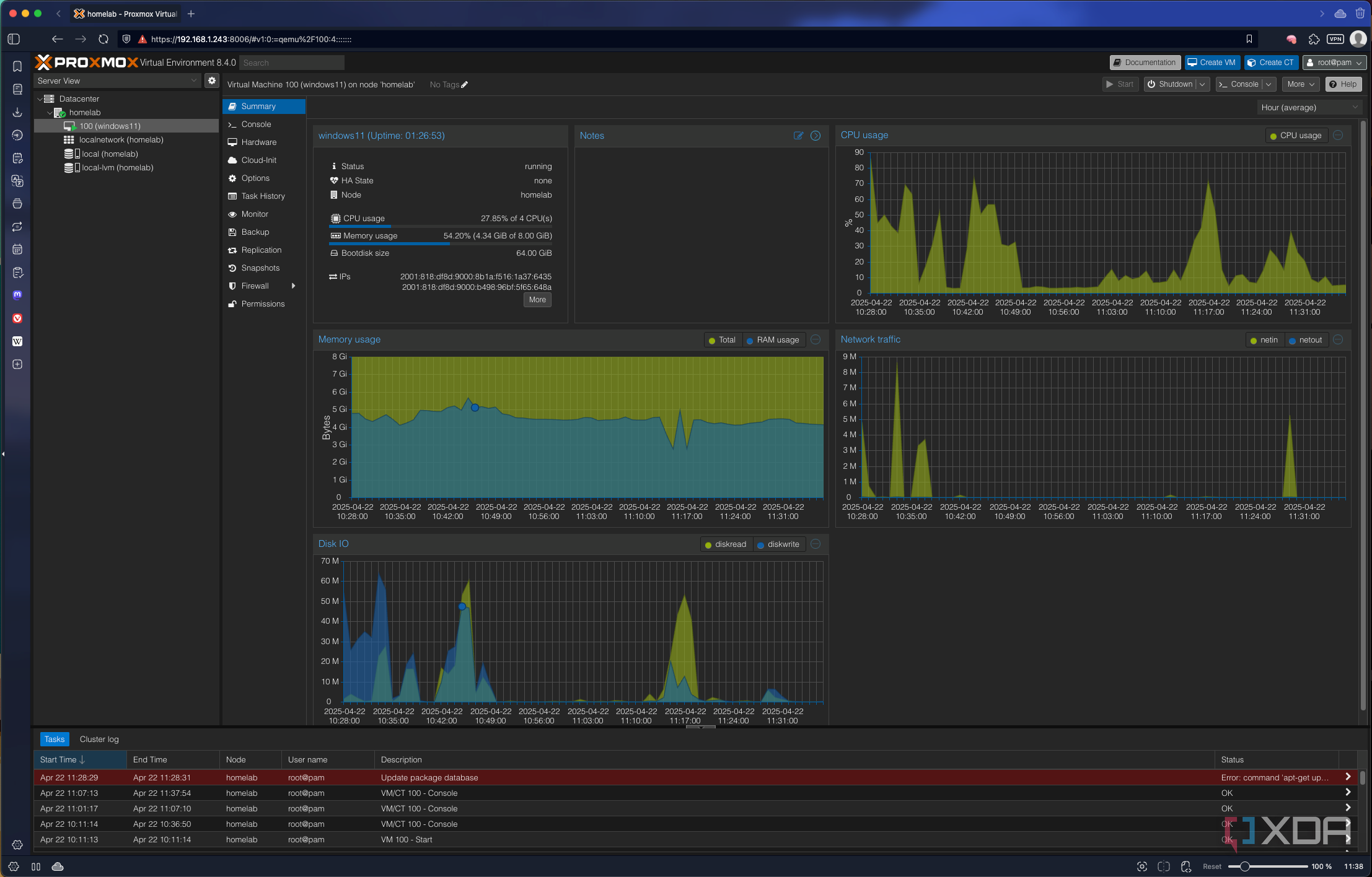 Screenshot of Proxmox showing a summary of a Windows 11 VM