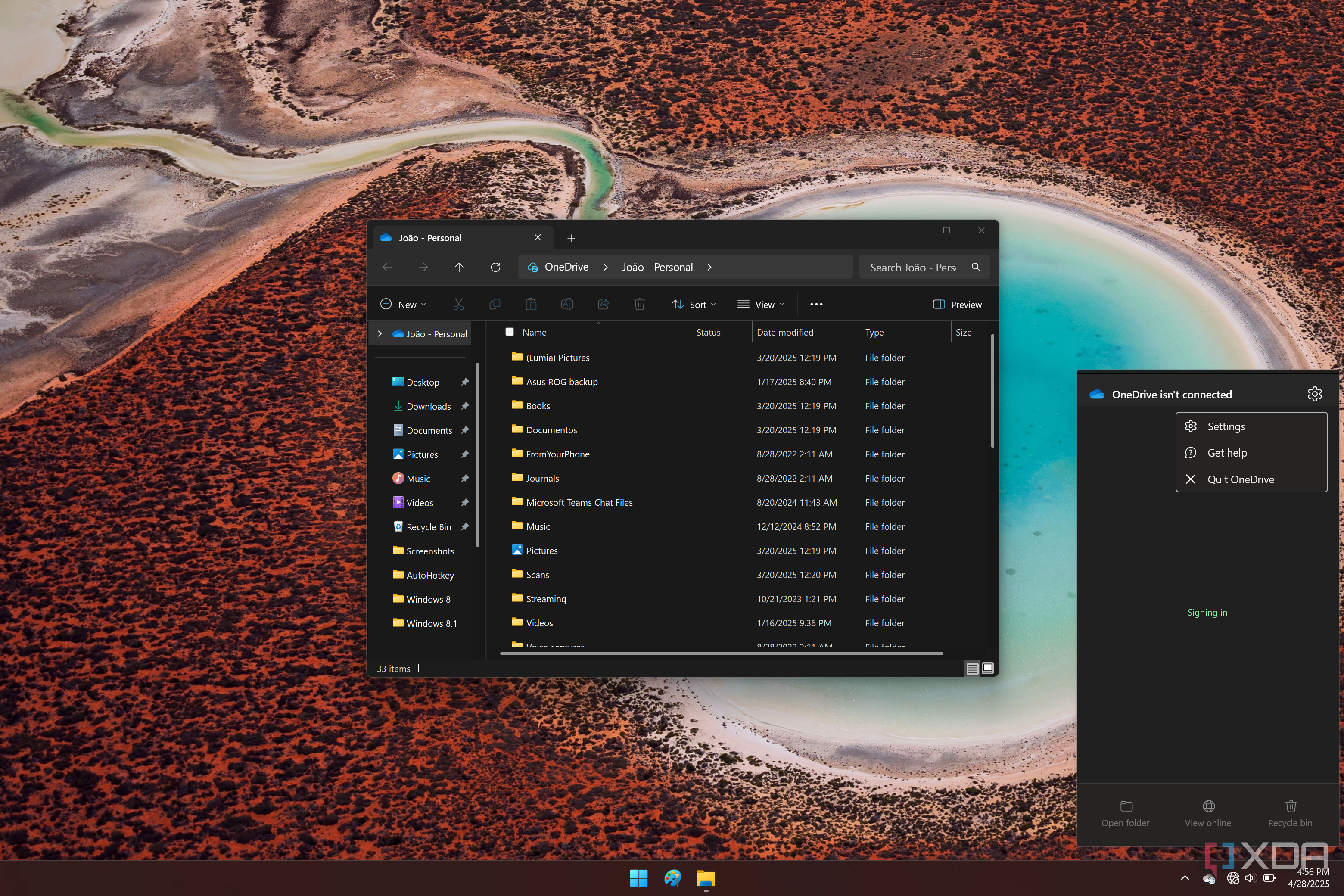 Screenshot of a Windows 11 desktop with a OneDrive flyout showing the option to quit the app