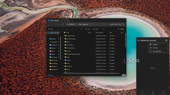 Screenshot of a Windows 11 desktop with a OneDrive flyout showing the option to quit the app