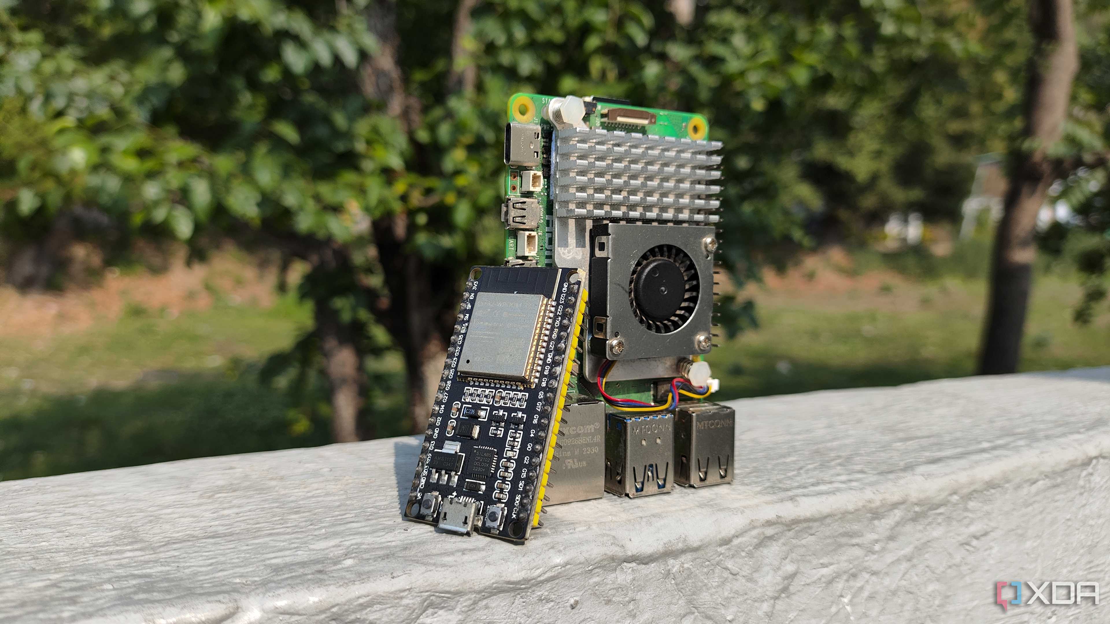 A Raspberry Pi and an ESP32