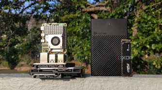 A Raspberry placed next to some storage drives