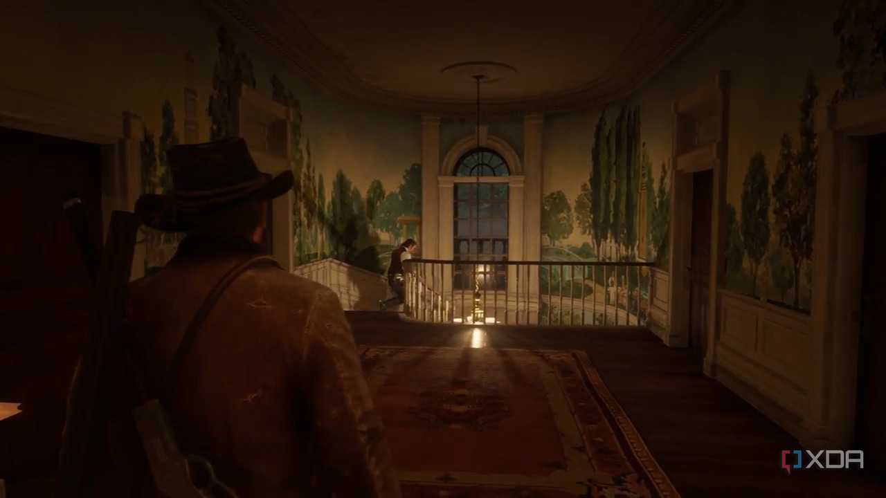 An image from the game Red Dead Redemption 2, showing Arthur Morgan walking down a dimly-lit hallway.