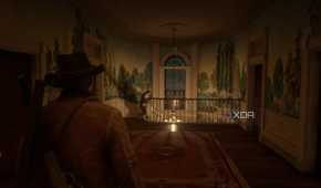 An image from the game Red Dead Redemption 2, showing Arthur Morgan walking down a dimly-lit hallway.