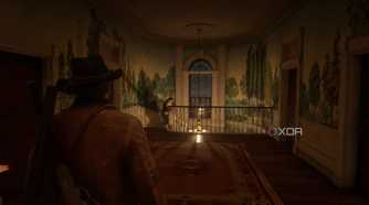 An image from the game Red Dead Redemption 2, showing Arthur Morgan walking down a dimly-lit hallway.