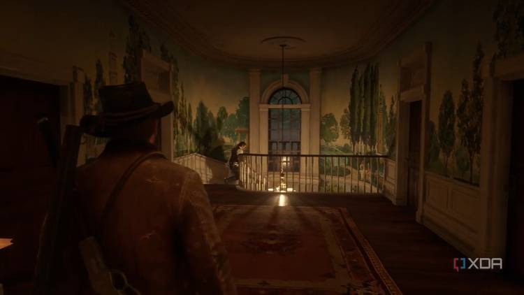 An image from the game Red Dead Redemption 2, showing Arthur Morgan walking down a dimly-lit hallway.