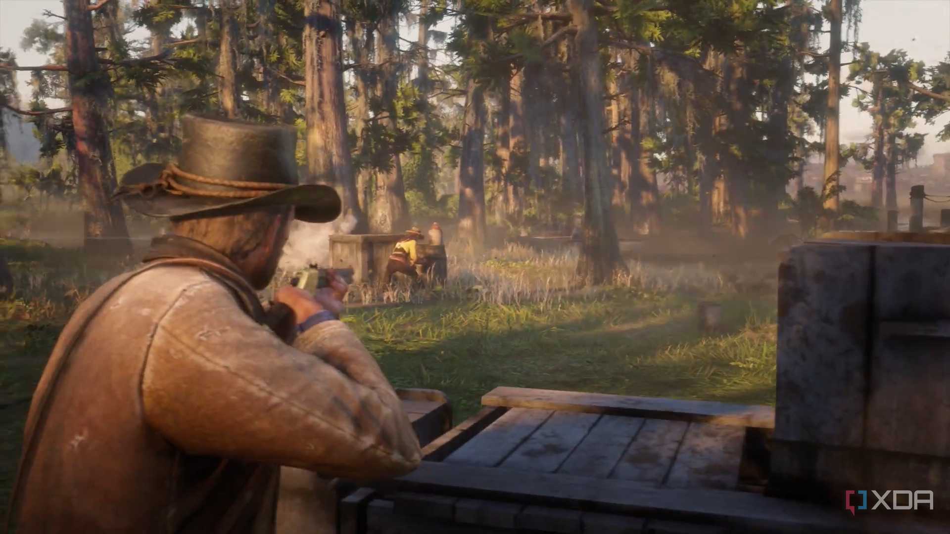 An image from the game Red Dead Redemption 2, showing Arthur Morgan aiming his rifle.