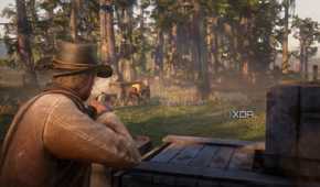 An image from the game Red Dead Redemption 2, showing Arthur Morgan aiming his rifle.
